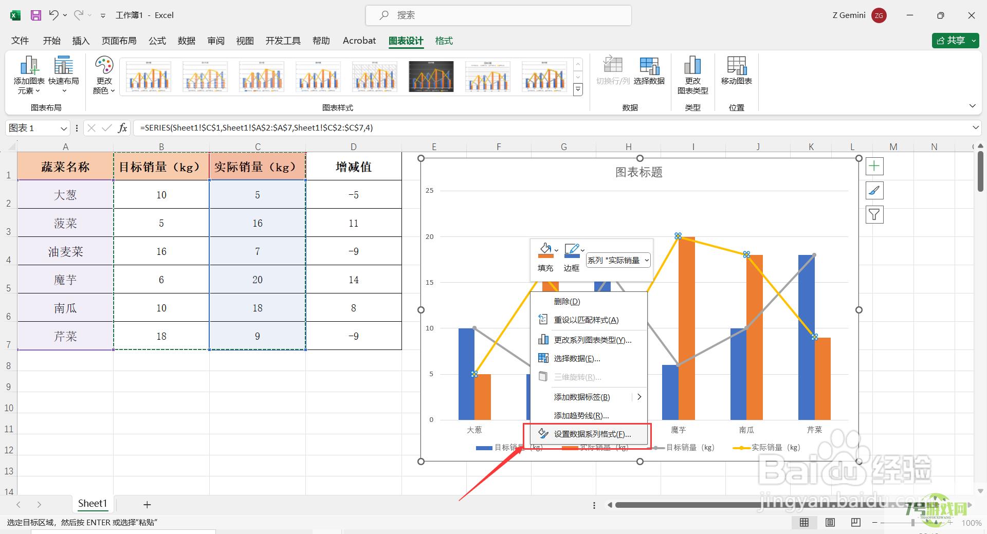 如何在Excel中制作实际与目标数据差异柱形图？